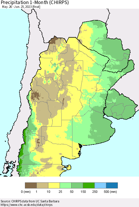 Southern South America Precipitation 1-Month (CHIRPS) Thematic Map For 5/26/2023 - 6/25/2023