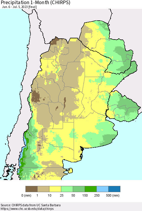 Southern South America Precipitation 1-Month (CHIRPS) Thematic Map For 6/6/2023 - 7/5/2023