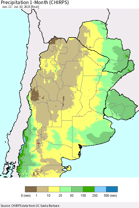 Southern South America Precipitation 1-Month (CHIRPS) Thematic Map For 6/11/2023 - 7/10/2023
