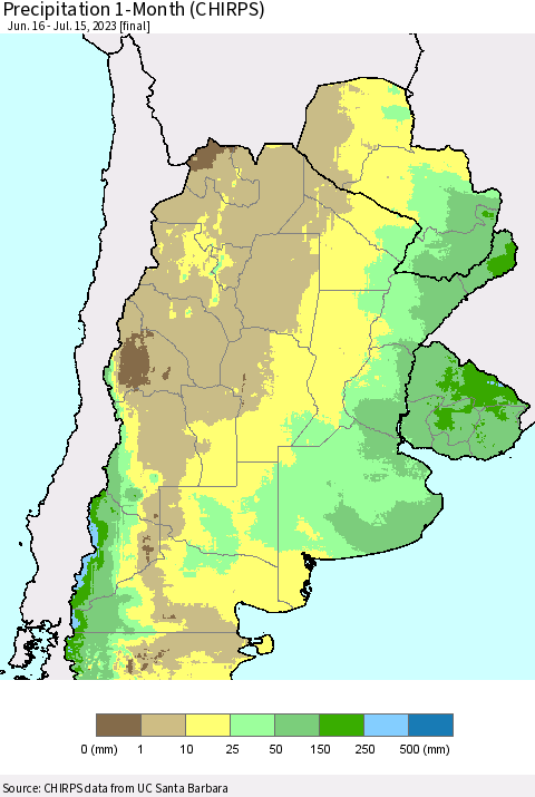 Southern South America Precipitation 1-Month (CHIRPS) Thematic Map For 6/16/2023 - 7/15/2023