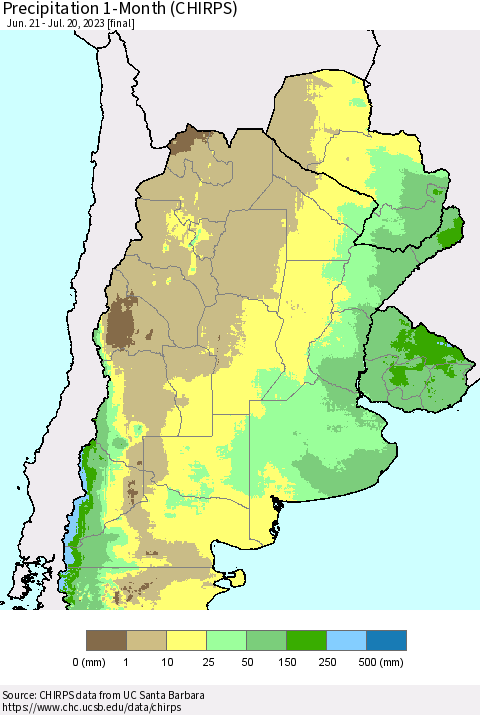 Southern South America Precipitation 1-Month (CHIRPS) Thematic Map For 6/21/2023 - 7/20/2023