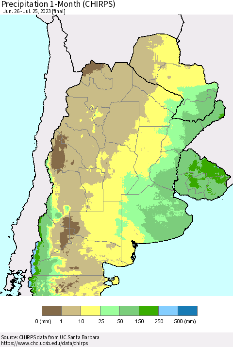 Southern South America Precipitation 1-Month (CHIRPS) Thematic Map For 6/26/2023 - 7/25/2023