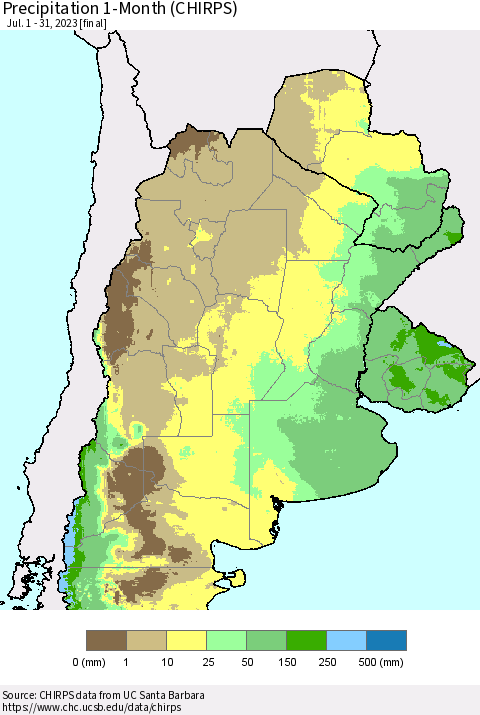 Southern South America Precipitation 1-Month (CHIRPS) Thematic Map For 7/1/2023 - 7/31/2023