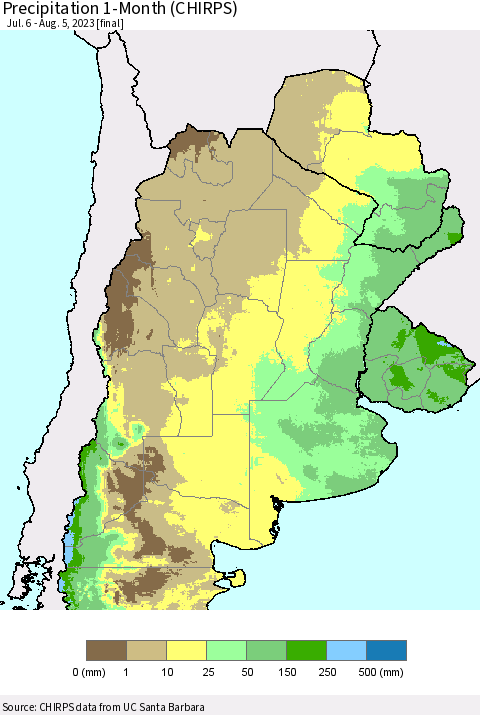 Southern South America Precipitation 1-Month (CHIRPS) Thematic Map For 7/6/2023 - 8/5/2023