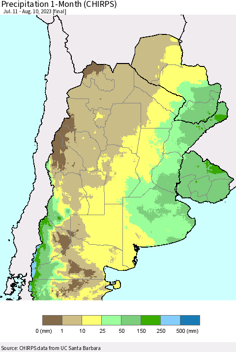 Southern South America Precipitation 1-Month (CHIRPS) Thematic Map For 7/11/2023 - 8/10/2023