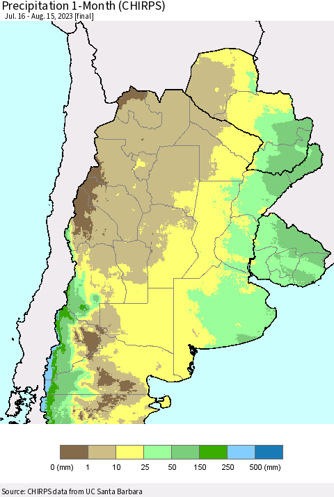 Southern South America Precipitation 1-Month (CHIRPS) Thematic Map For 7/16/2023 - 8/15/2023
