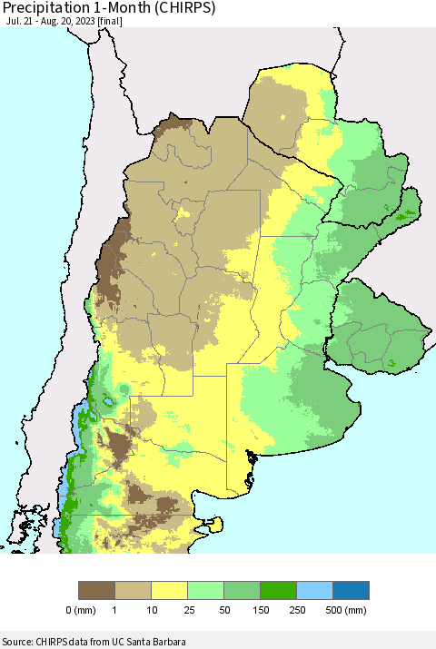 Southern South America Precipitation 1-Month (CHIRPS) Thematic Map For 7/21/2023 - 8/20/2023