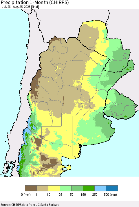 Southern South America Precipitation 1-Month (CHIRPS) Thematic Map For 7/26/2023 - 8/25/2023