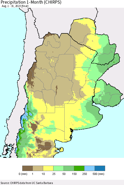 Southern South America Precipitation 1-Month (CHIRPS) Thematic Map For 8/1/2023 - 8/31/2023