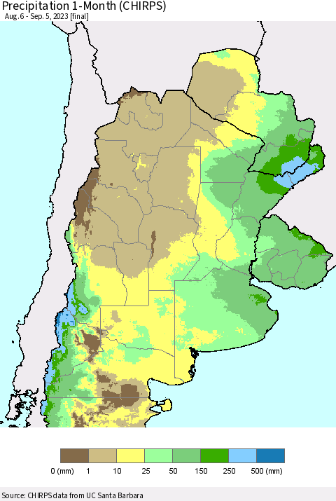 Southern South America Precipitation 1-Month (CHIRPS) Thematic Map For 8/6/2023 - 9/5/2023