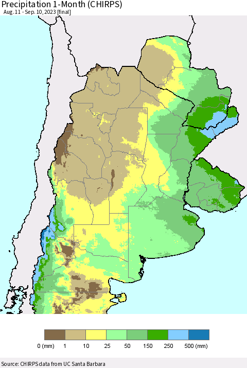 Southern South America Precipitation 1-Month (CHIRPS) Thematic Map For 8/11/2023 - 9/10/2023