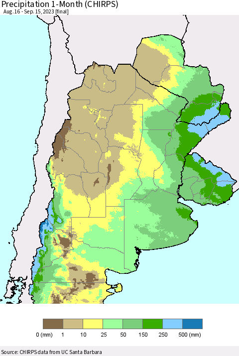 Southern South America Precipitation 1-Month (CHIRPS) Thematic Map For 8/16/2023 - 9/15/2023