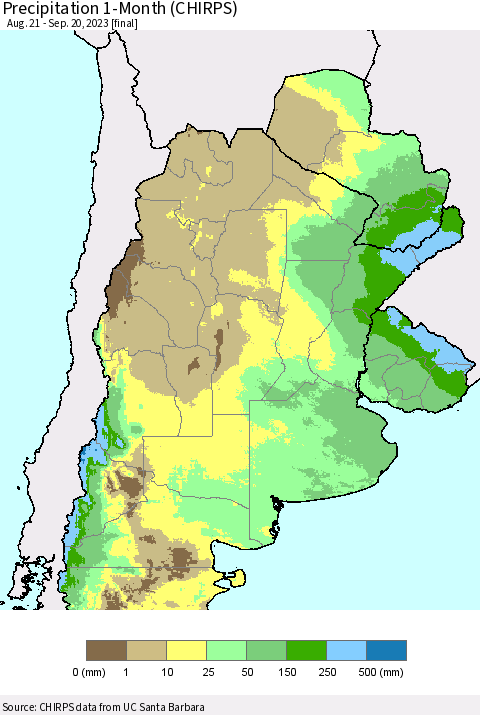 Southern South America Precipitation 1-Month (CHIRPS) Thematic Map For 8/21/2023 - 9/20/2023