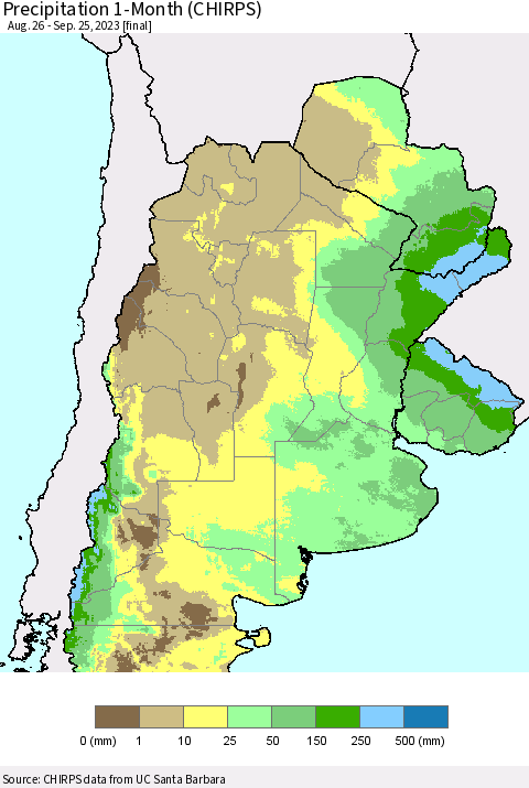 Southern South America Precipitation 1-Month (CHIRPS) Thematic Map For 8/26/2023 - 9/25/2023