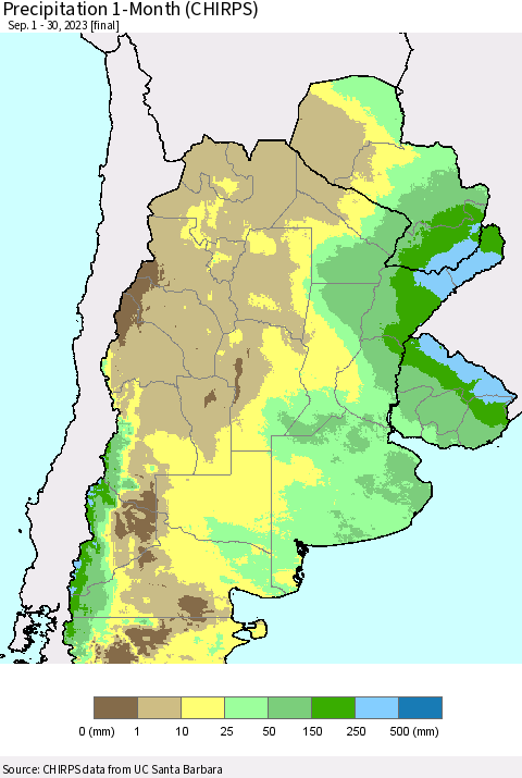 Southern South America Precipitation 1-Month (CHIRPS) Thematic Map For 9/1/2023 - 9/30/2023