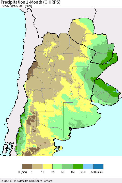 Southern South America Precipitation 1-Month (CHIRPS) Thematic Map For 9/6/2023 - 10/5/2023