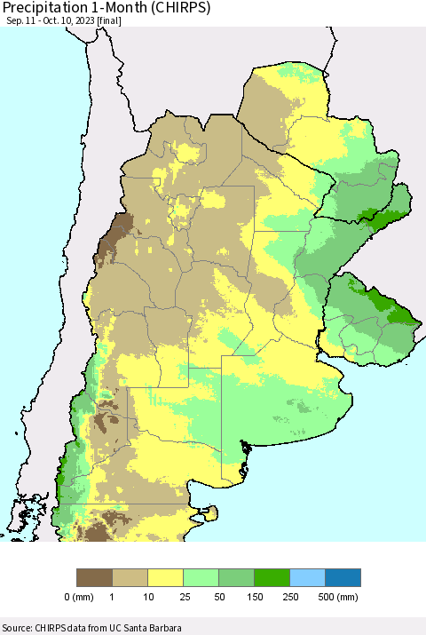 Southern South America Precipitation 1-Month (CHIRPS) Thematic Map For 9/11/2023 - 10/10/2023