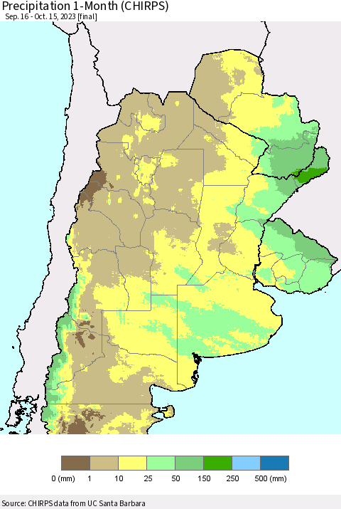 Southern South America Precipitation 1-Month (CHIRPS) Thematic Map For 9/16/2023 - 10/15/2023