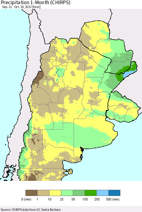 Southern South America Precipitation 1-Month (CHIRPS) Thematic Map For 9/21/2023 - 10/20/2023