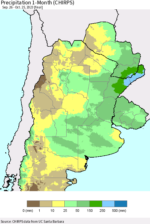 Southern South America Precipitation 1-Month (CHIRPS) Thematic Map For 9/26/2023 - 10/25/2023