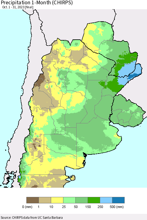 Southern South America Precipitation 1-Month (CHIRPS) Thematic Map For 10/1/2023 - 10/31/2023