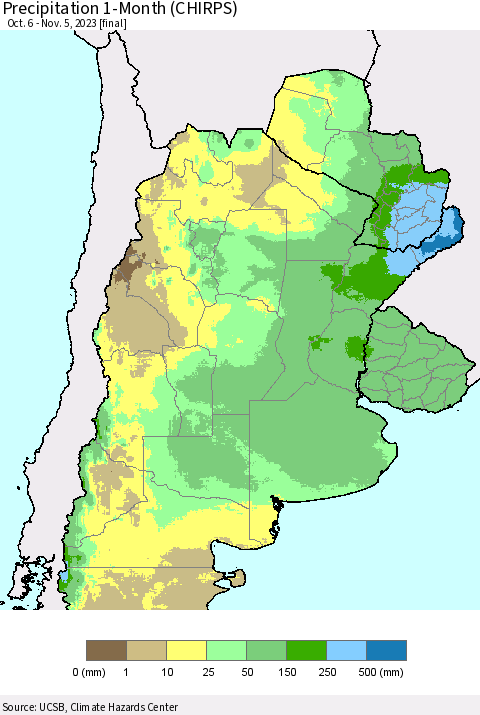Southern South America Precipitation 1-Month (CHIRPS) Thematic Map For 10/6/2023 - 11/5/2023
