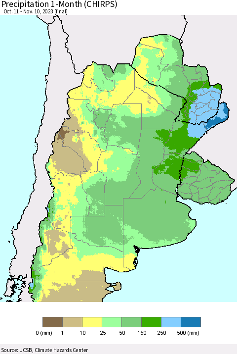 Southern South America Precipitation 1-Month (CHIRPS) Thematic Map For 10/11/2023 - 11/10/2023