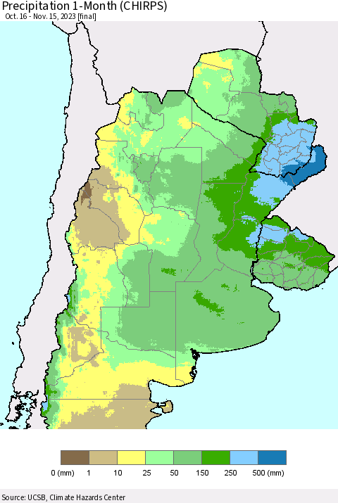 Southern South America Precipitation 1-Month (CHIRPS) Thematic Map For 10/16/2023 - 11/15/2023