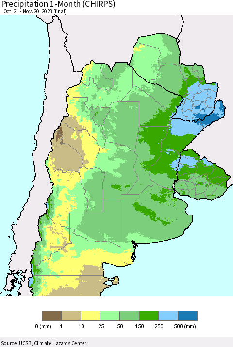 Southern South America Precipitation 1-Month (CHIRPS) Thematic Map For 10/21/2023 - 11/20/2023