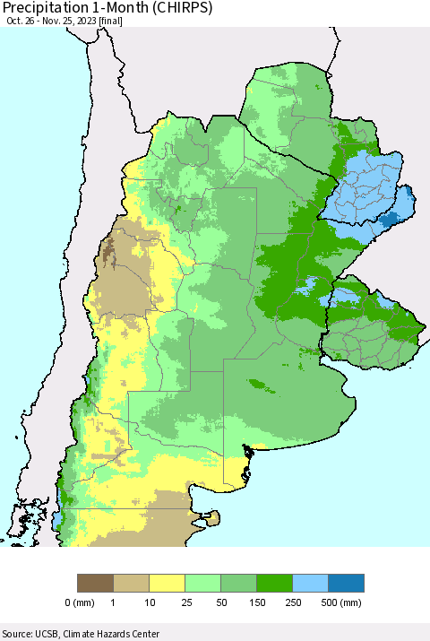 Southern South America Precipitation 1-Month (CHIRPS) Thematic Map For 10/26/2023 - 11/25/2023