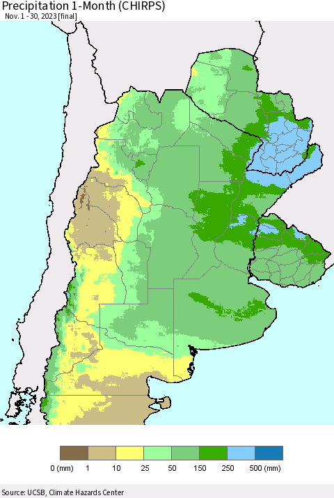 Southern South America Precipitation 1-Month (CHIRPS) Thematic Map For 11/1/2023 - 11/30/2023