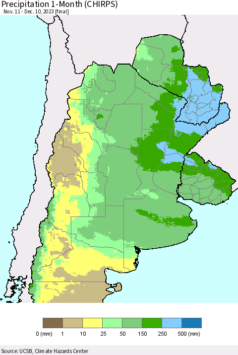 Southern South America Precipitation 1-Month (CHIRPS) Thematic Map For 11/11/2023 - 12/10/2023