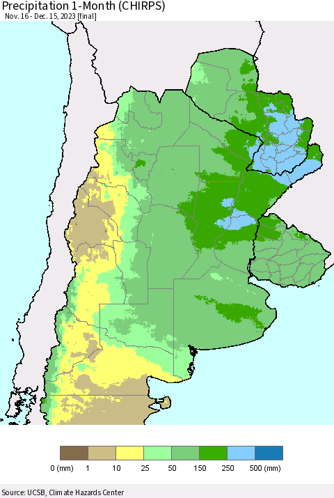 Southern South America Precipitation 1-Month (CHIRPS) Thematic Map For 11/16/2023 - 12/15/2023