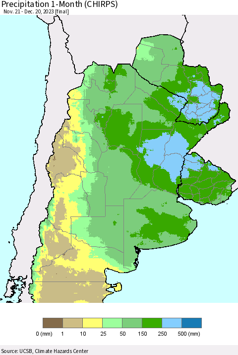 Southern South America Precipitation 1-Month (CHIRPS) Thematic Map For 11/21/2023 - 12/20/2023