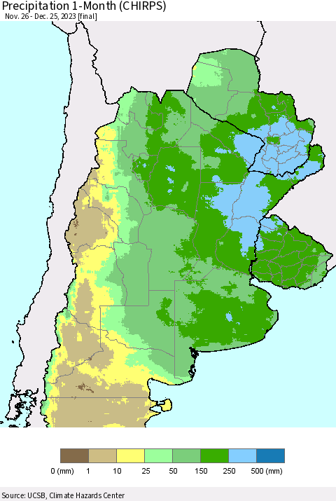 Southern South America Precipitation 1-Month (CHIRPS) Thematic Map For 11/26/2023 - 12/25/2023