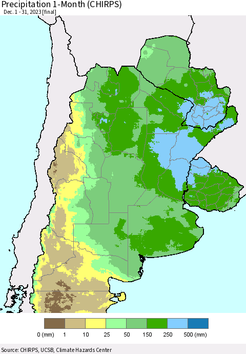 Southern South America Precipitation 1-Month (CHIRPS) Thematic Map For 12/1/2023 - 12/31/2023