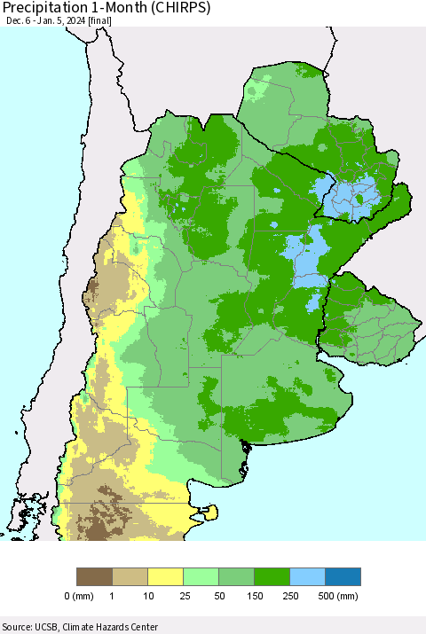 Southern South America Precipitation 1-Month (CHIRPS) Thematic Map For 12/6/2023 - 1/5/2024