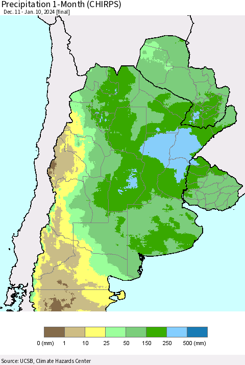 Southern South America Precipitation 1-Month (CHIRPS) Thematic Map For 12/11/2023 - 1/10/2024