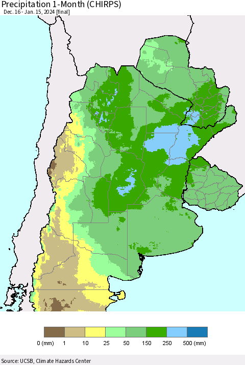 Southern South America Precipitation 1-Month (CHIRPS) Thematic Map For 12/16/2023 - 1/15/2024