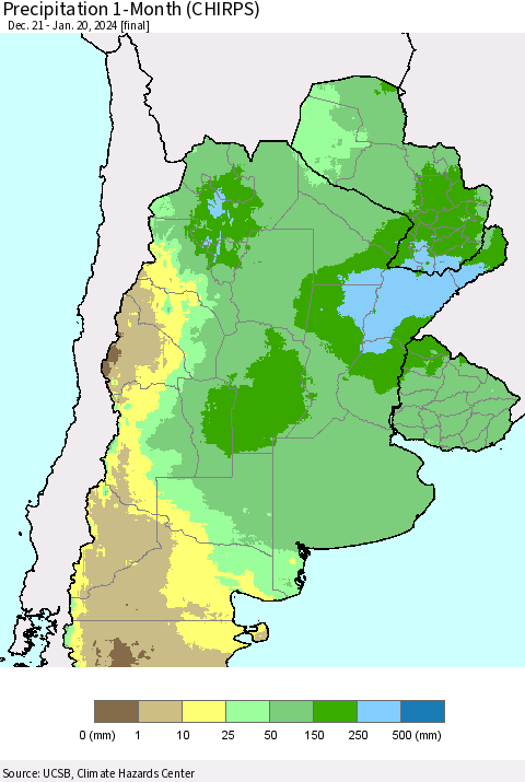 Southern South America Precipitation 1-Month (CHIRPS) Thematic Map For 12/21/2023 - 1/20/2024