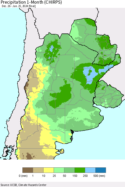 Southern South America Precipitation 1-Month (CHIRPS) Thematic Map For 12/26/2023 - 1/25/2024