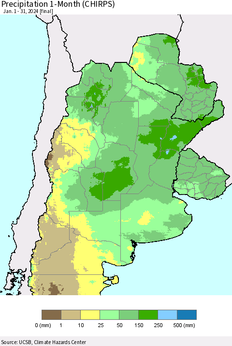 Southern South America Precipitation 1-Month (CHIRPS) Thematic Map For 1/1/2024 - 1/31/2024