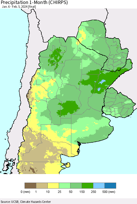 Southern South America Precipitation 1-Month (CHIRPS) Thematic Map For 1/6/2024 - 2/5/2024