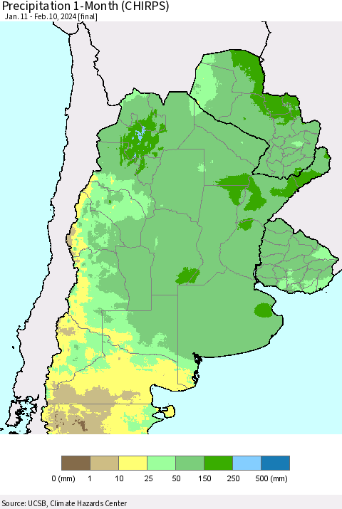 Southern South America Precipitation 1-Month (CHIRPS) Thematic Map For 1/11/2024 - 2/10/2024