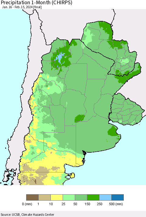 Southern South America Precipitation 1-Month (CHIRPS) Thematic Map For 1/16/2024 - 2/15/2024