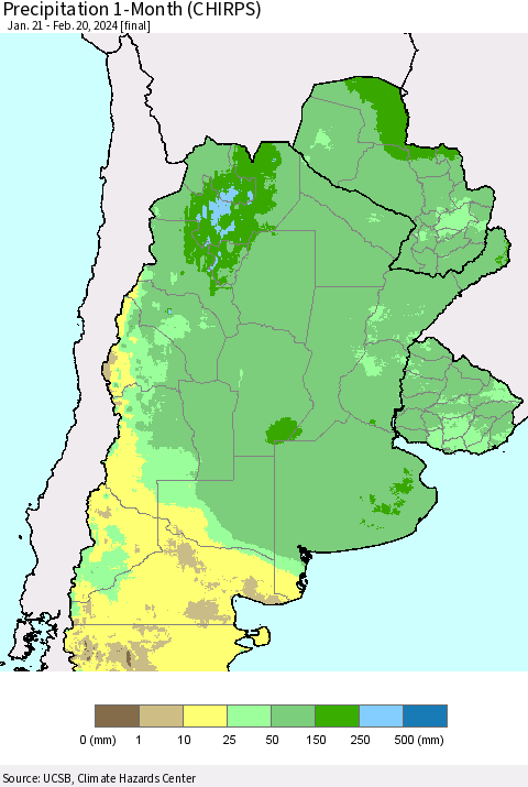 Southern South America Precipitation 1-Month (CHIRPS) Thematic Map For 1/21/2024 - 2/20/2024