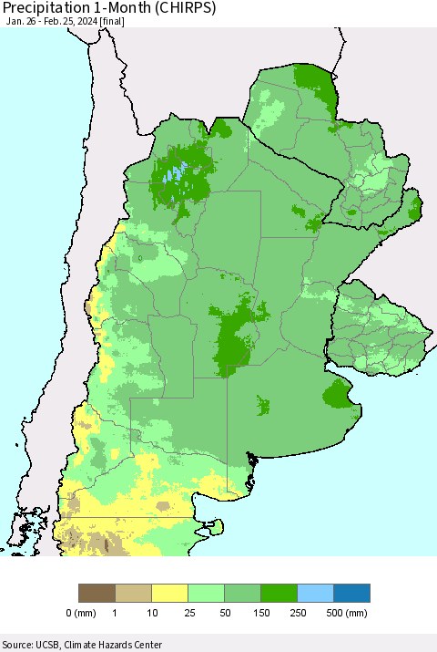 Southern South America Precipitation 1-Month (CHIRPS) Thematic Map For 1/26/2024 - 2/25/2024