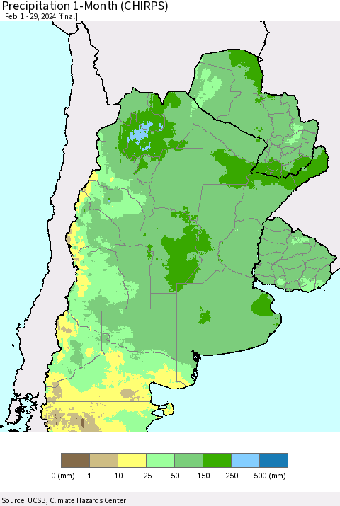 Southern South America Precipitation 1-Month (CHIRPS) Thematic Map For 2/1/2024 - 2/29/2024