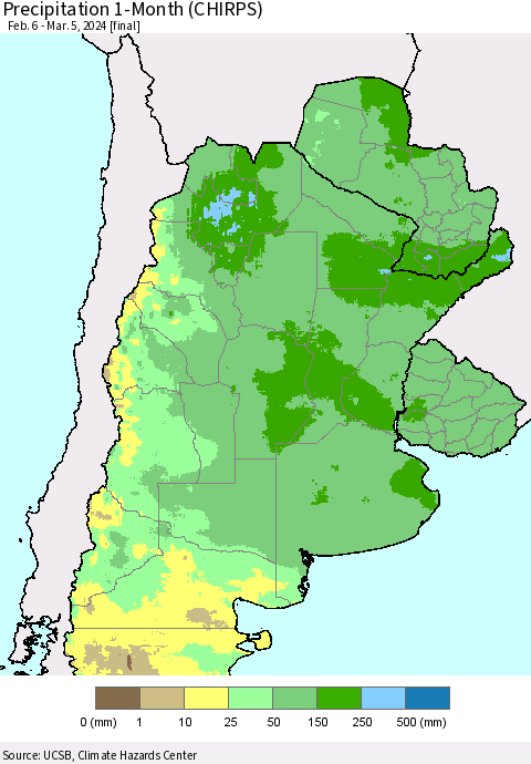 Southern South America Precipitation 1-Month (CHIRPS) Thematic Map For 2/6/2024 - 3/5/2024