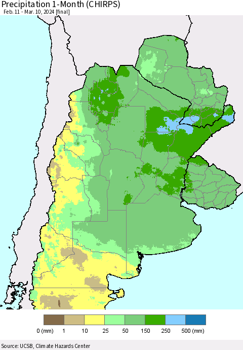 Southern South America Precipitation 1-Month (CHIRPS) Thematic Map For 2/11/2024 - 3/10/2024
